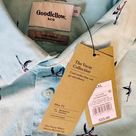 Goodfellow & Co XXL Short Sleeve Shirt Blue Tropical Birds NEW NWT SLIM - Picture 4 of 8